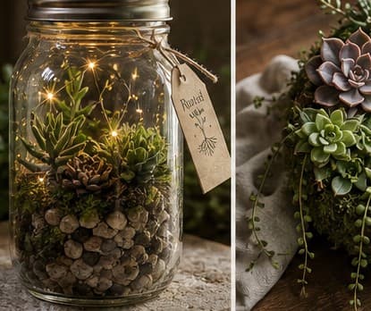 Mason jar terrarium with moss, stones, succulents, and warm lights