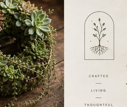 Circular living wreath made of moss and mixed succulents on a wood table